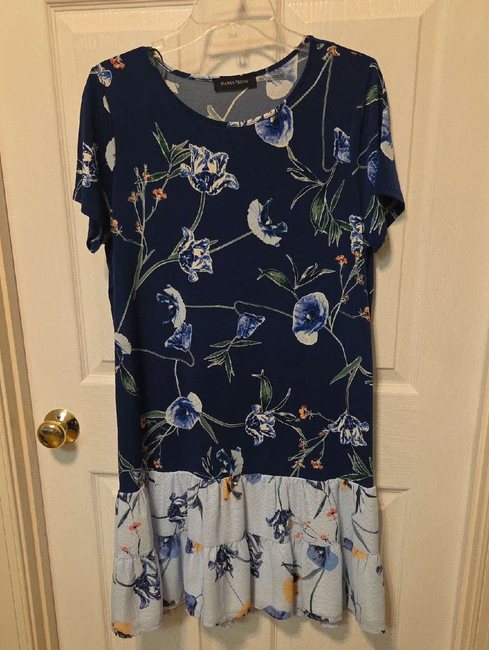 IVANKA TRUMP Navy and Light Blue Floral Scoop Neck Dress
